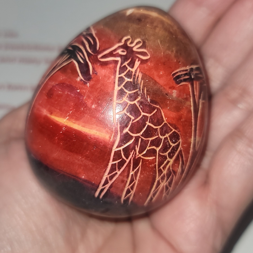 Kenya vintage stone Desk Decoration  egg giraffe tree sunset reds orange art